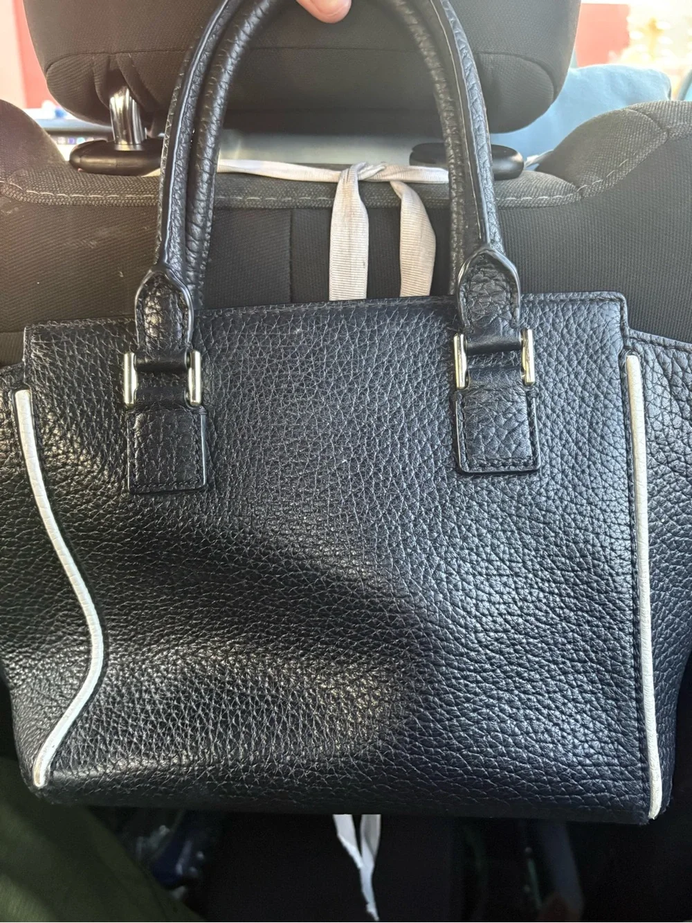 kate spade Black Pebbled Leather Satchel with Cream Contrast Trim